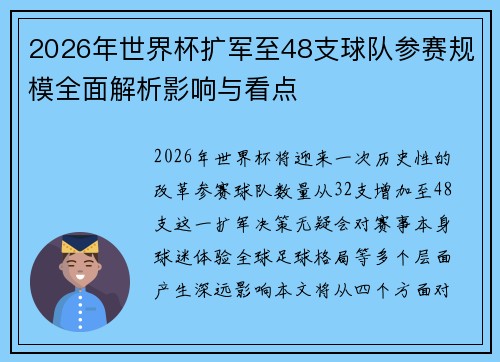 2026年世界杯扩军至48支球队参赛规模全面解析影响与看点 2026年世界杯扩军至48支球队参赛规模全面解析影响与看点