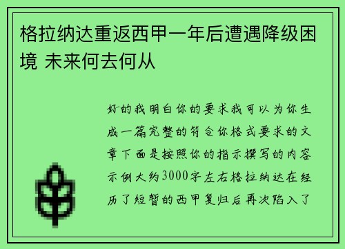 格拉纳达重返西甲一年后遭遇降级困境 未来何去何从